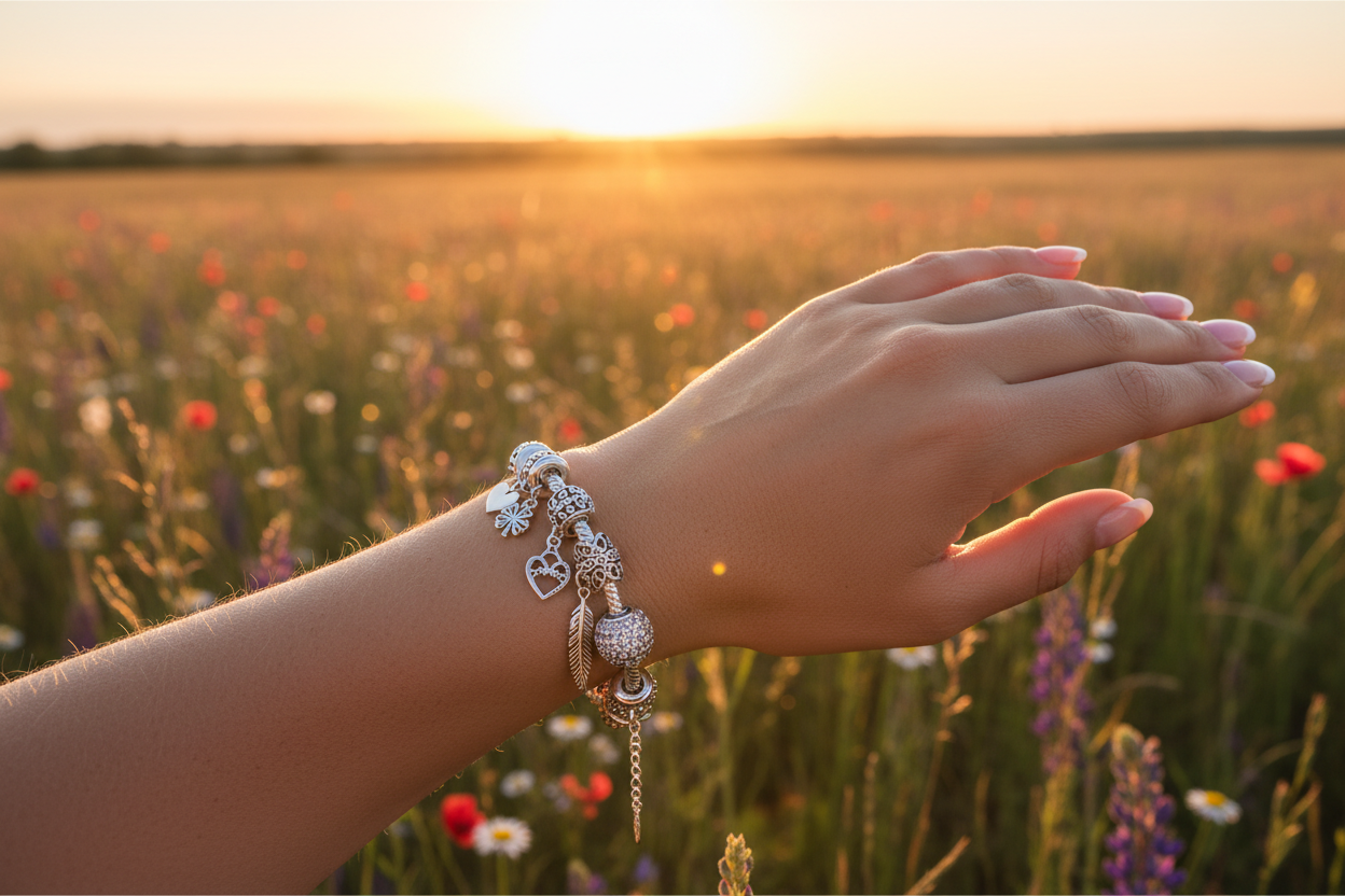 banner para o site com mulher usando uma pulseira berloque em um campo, dar enfase a pulseira